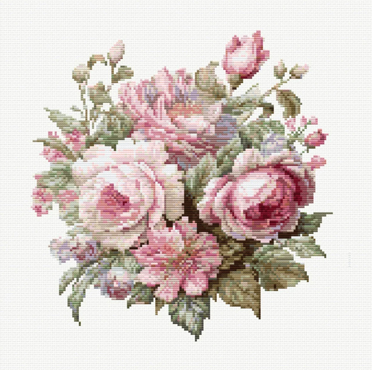 Pink roses bouquet cross stitch pattern PDF, flowers counted art, modern spring floral embroidery, nature design chart instant download