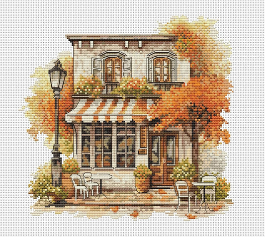 Autumn Cafe PDF Pattern Cross Stitch Nature House Town Embroidery Instant Digital Download