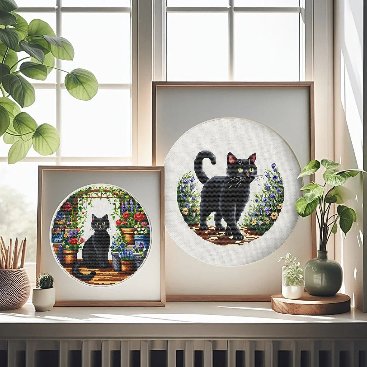 Set of Two Black Cat Cross Stitch Pattern, Cat Cross Stitch, punto de cruz, Cross Stitch Pattern Flower, punto de cruz