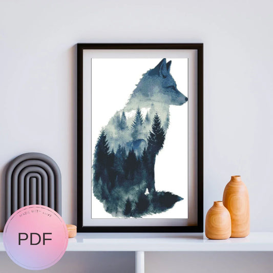 Wolf With Trees Cross Stitch Pattern , Watercolor X Stitch Chart , Instant Download , Pdf , Animal