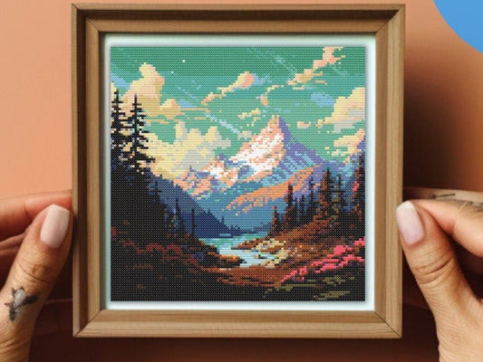 Serene Lake Cross Stitch Pattern – Sunset Mountain Landscape Embroidery – Peaceful Nature Scene – Rustic Cabin Decor – Digital PDF Download