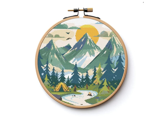 Campsite Mountains Woodland Cross Stitch Sewing Embroidery Pattern DMC X-Stitch Landscape Cottagecore Needlework Forest Camping Patagonia