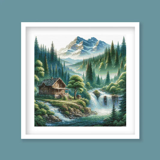 Mountain Cabin Retreat Cross Stitch Pattern – Waterfall & Forest Landscape, Scenic Embroidery Design. Digital PDF Download.