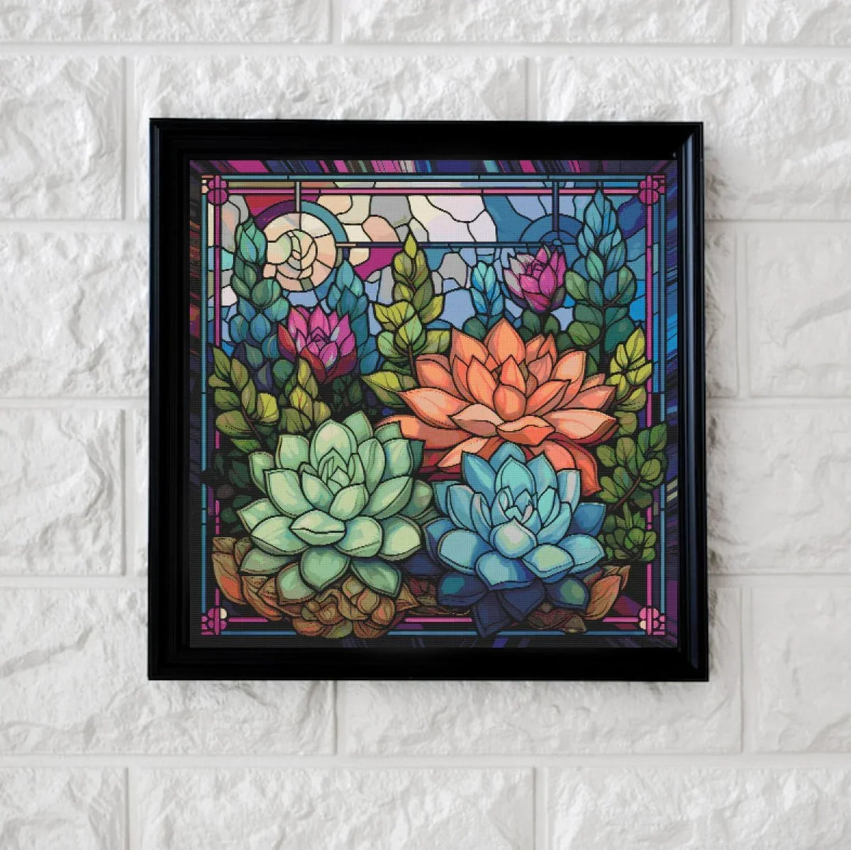 Succulent stained glass cross stitch pattern full coverage PDF