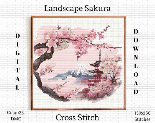 Landscape Cross Stitch Pattern | Sakura Cross Stitch | Embroidery Pattern | Cross Stitch Kit | Japan Cross Stitch | Instant Download PDF