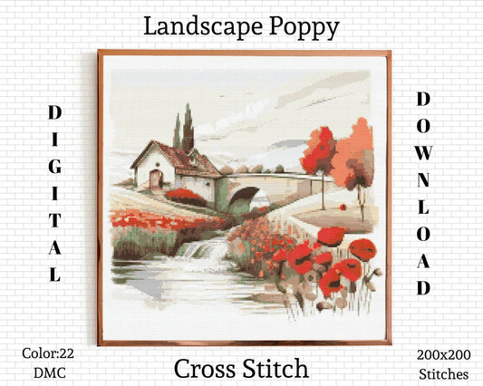 Landscape Cross Stitch Pattern | Landscape Cross Stitch | Poppy Cross Stitch | Landscape Embroidery Pattern | Landscape Cross Stitch Kit