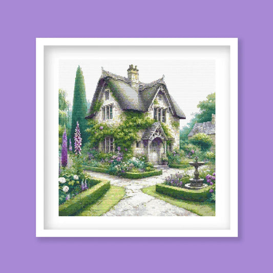 Charming English Cottage Cross Stitch Pattern – Floral Lush Landscape Embroidery, DIY Home Decor Needlework. Digital Download.