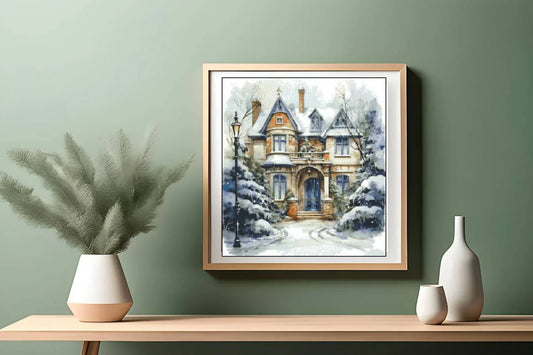 Watercolor Village Cross Stitch Pattern,Blue Door House,City,Landscape,Winter,Victorian Style,Lanscape,Pattern Keeper,Pdf,Instant Download