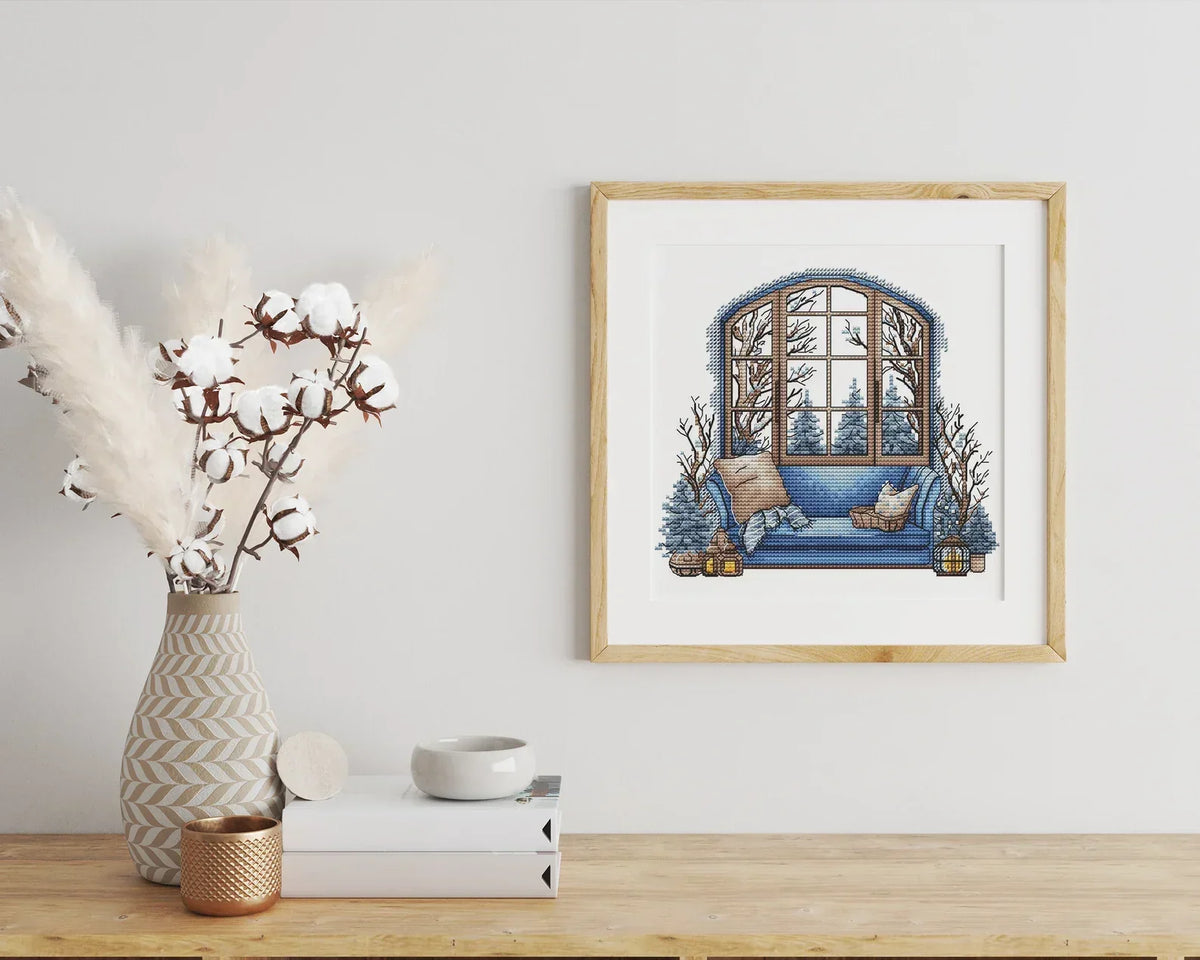 Winter Cross Stitch Pattern PDF, Interior Embroidery PDF, Winter sofa Embroidery PDF, Winter window cross stitch, Embroidery decor