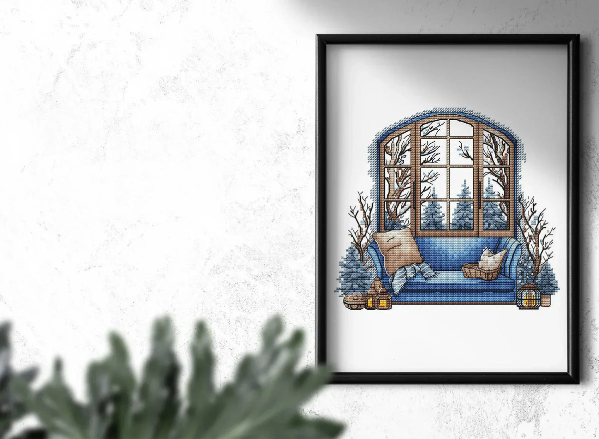 Winter Cross Stitch Pattern PDF, Interior Embroidery PDF, Winter sofa Embroidery PDF, Winter window cross stitch, Embroidery decor