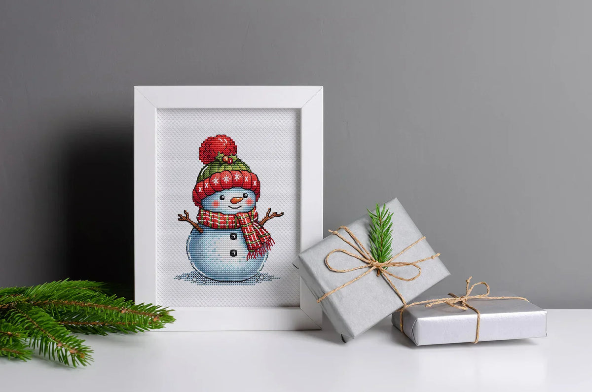 Snowman Cross Stitch Pattern, Christmas Holiday Classic Snowman with Red Green Hat and Motley Scarf Whimsical Needlepoint PDF Winter Friend