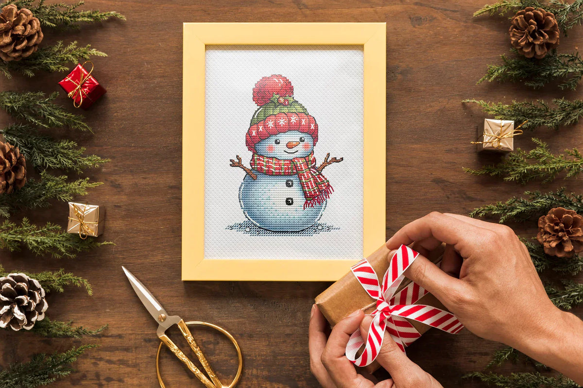 Snowman Cross Stitch Pattern, Christmas Holiday Classic Snowman with Red Green Hat and Motley Scarf Whimsical Needlepoint PDF Winter Friend