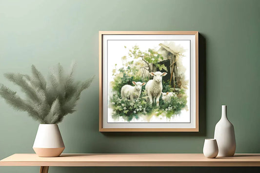 Watercolor Cross Stitch Pattern,Three Sheep in Front of Barn,Spring Landscape,Pattern Keeper,xstitch,PDF,Instant Download