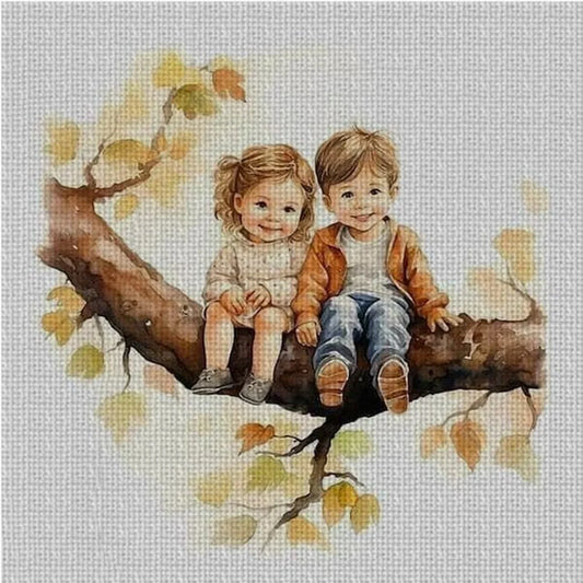 Little boy and girl cross stitch pattern, children cross stitch, children on the tree cross stitch