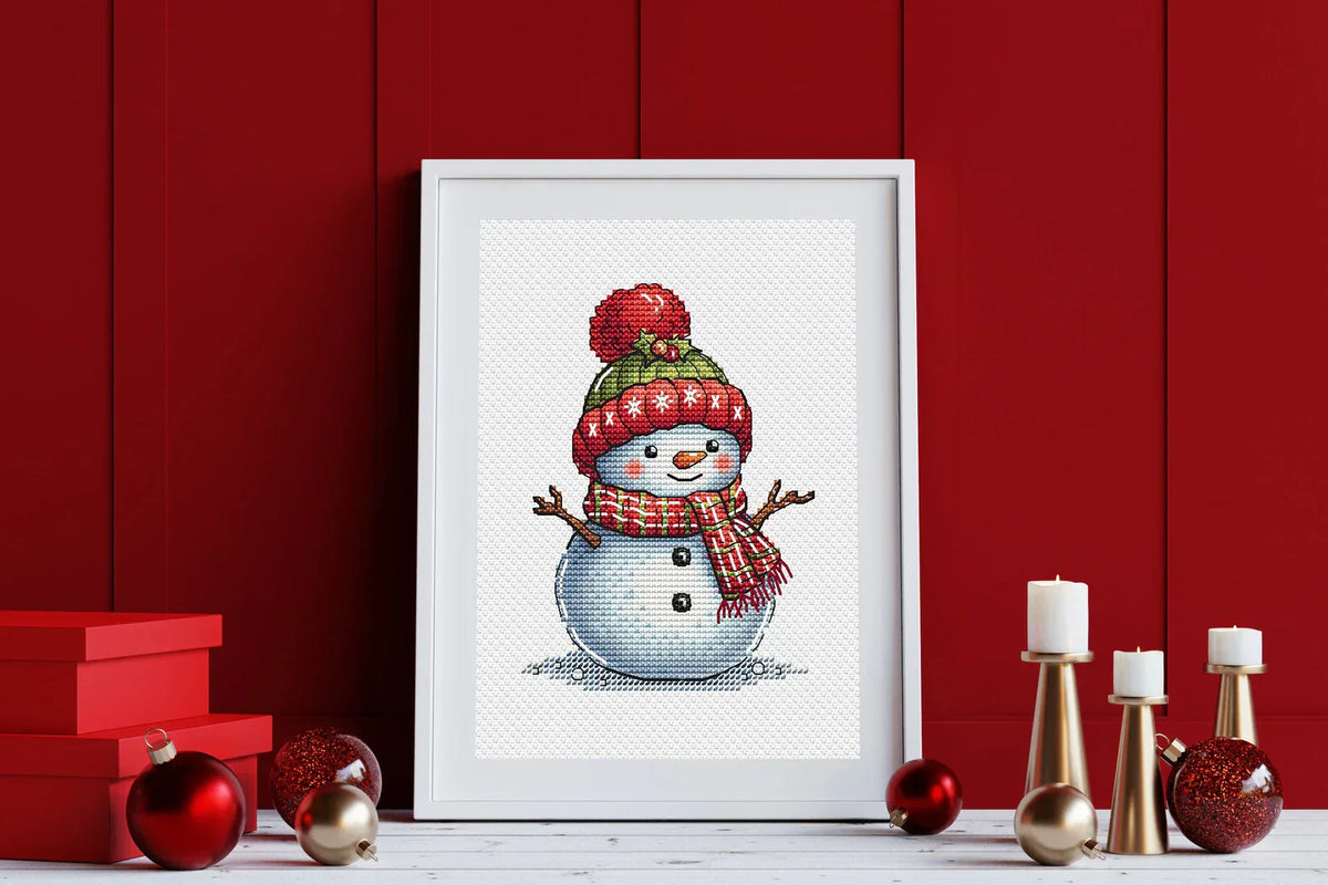 Snowman Cross Stitch Pattern, Christmas Holiday Classic Snowman with Red Green Hat and Motley Scarf Whimsical Needlepoint PDF Winter Friend