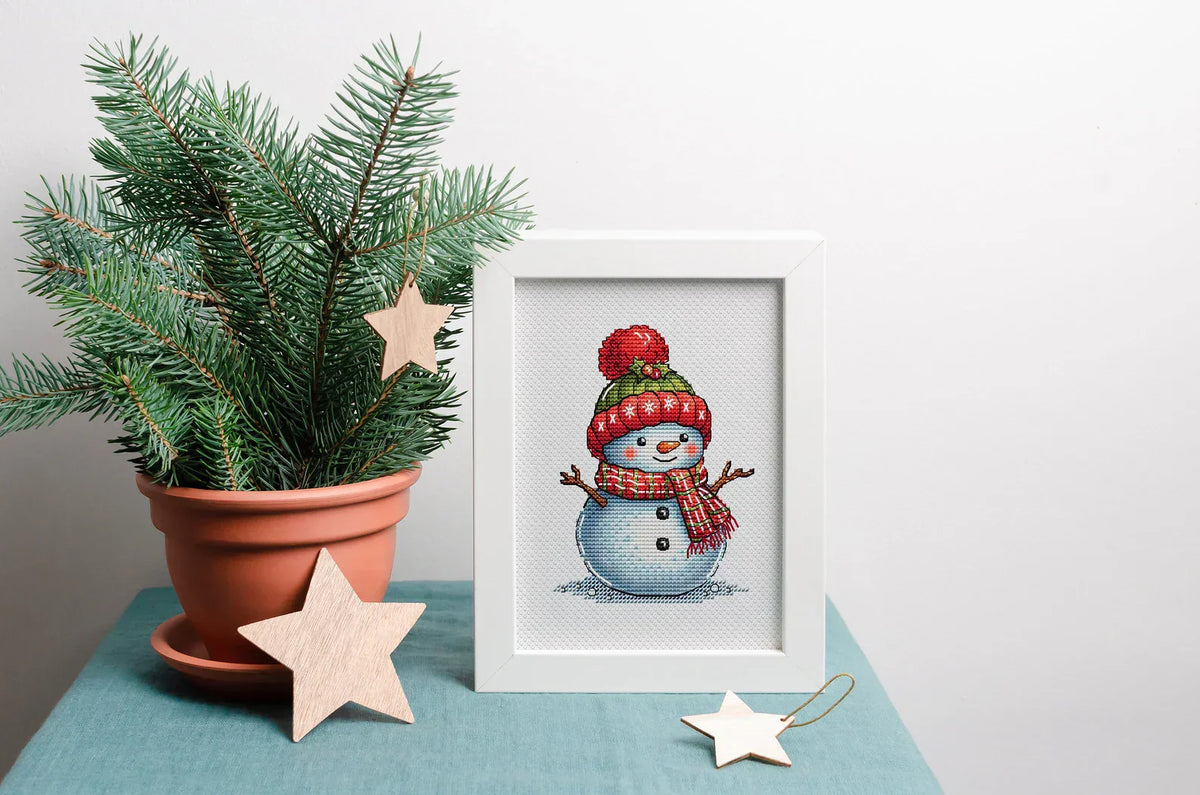 Snowman Cross Stitch Pattern, Christmas Holiday Classic Snowman with Red Green Hat and Motley Scarf Whimsical Needlepoint PDF Winter Friend