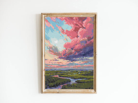 Stunning Pink Clouds Cross Stitch Sewing Embroidery Pattern DMC X-Stitch Landscape Cottagecore Needlework River Art Artwork Reflective Monet