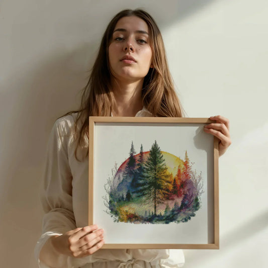 Watercolor Cross Stitch Pattern,Forest with Rainbow,Tree life Colorful,Pattern Keeper,Landscape,Hand Embroidery,Instant Download