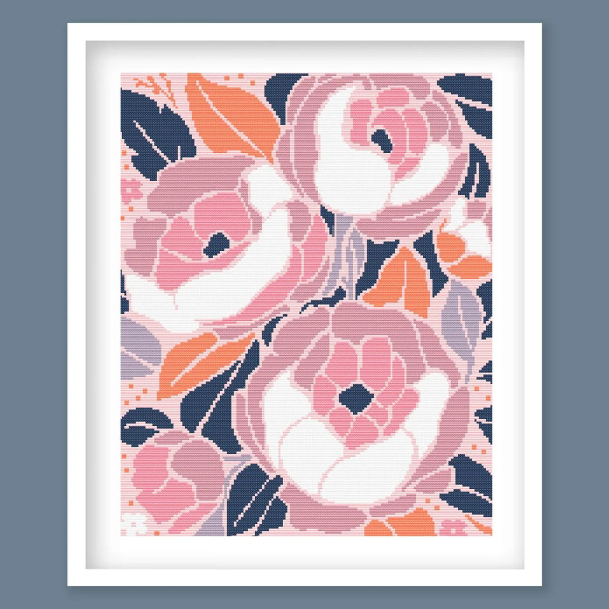 Modern Floral Cross Stitch Pattern Collection - Pink & Navy Botanical Design. Digital PDF Download