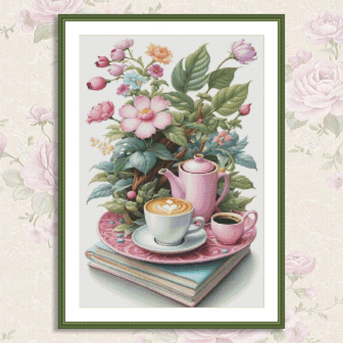 Coffe Time Cross Stitch Pattern Digital Pattern Watercolor Flowers Kitchen Still Life Modern Decor Pattern Cup of coffee Needlepoint chart