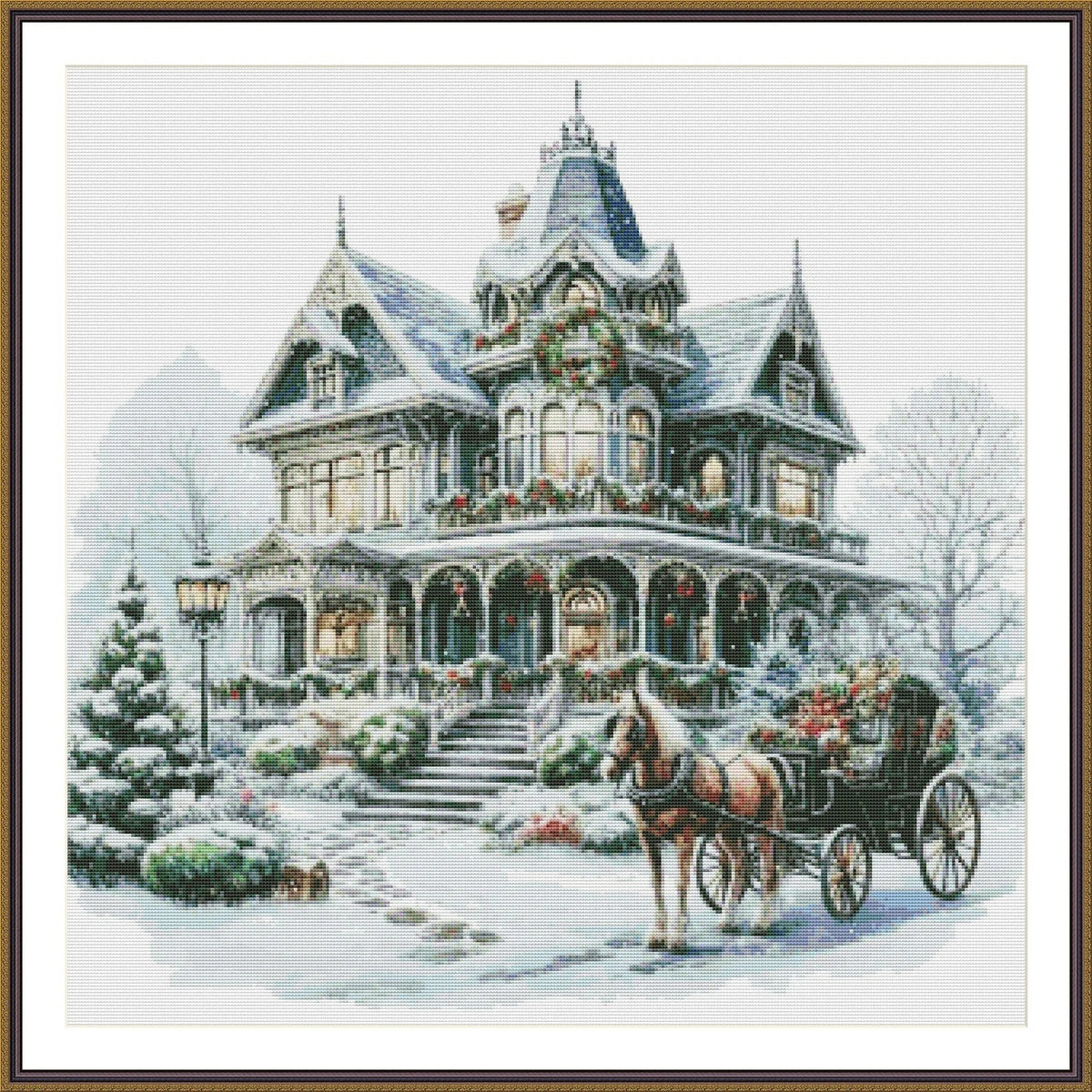 Victorian Christmas House Counted Cross Stitch Pattern Winter Landscape Holidays Hand Embroidery Needlepoint Chart Cottage PDF