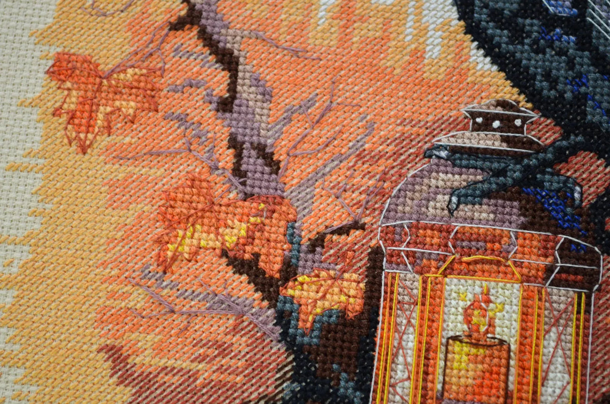 Gothic Raven Cross Stitch, black spooky bird on lantern x-stitch, Halloween animal design  Modern Xstitch Chart PDF Instant Download