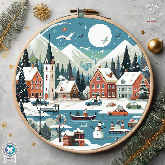 Christmas cross stitch pattern Winter Village embroidery Advent calendar embroidery Christmas tree ornament Christmas village Cute Snowman