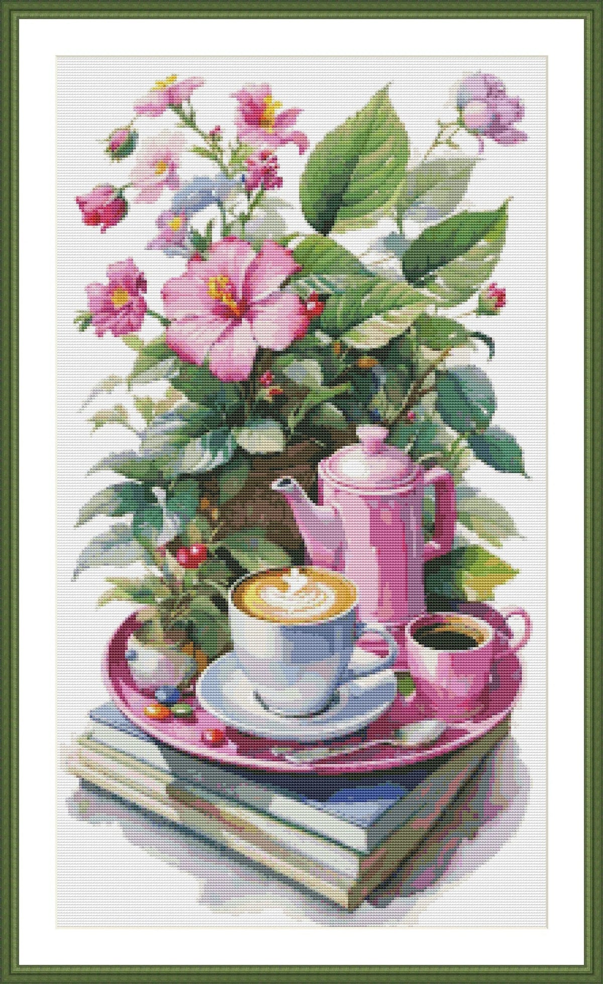 Coffee Time Cross Stitch Pattern Digital Pattern Watercolor Flowers Kitchen Still Life Modern Decor Pattern Cup of coffee Needlepoint chart