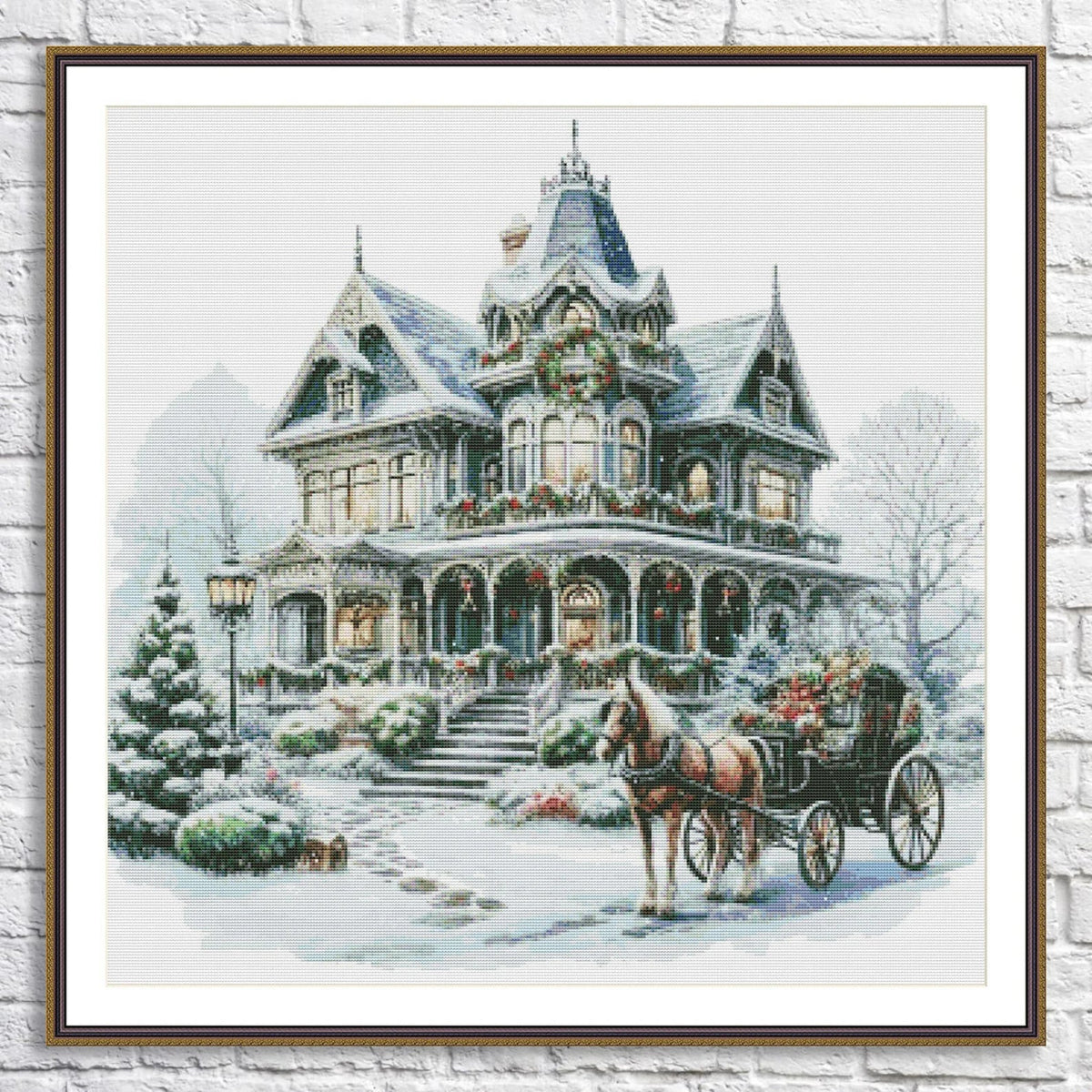 Victorian Christmas House Counted Cross Stitch Pattern Winter Landscape Holidays Hand Embroidery Needlepoint Chart Cottage PDF