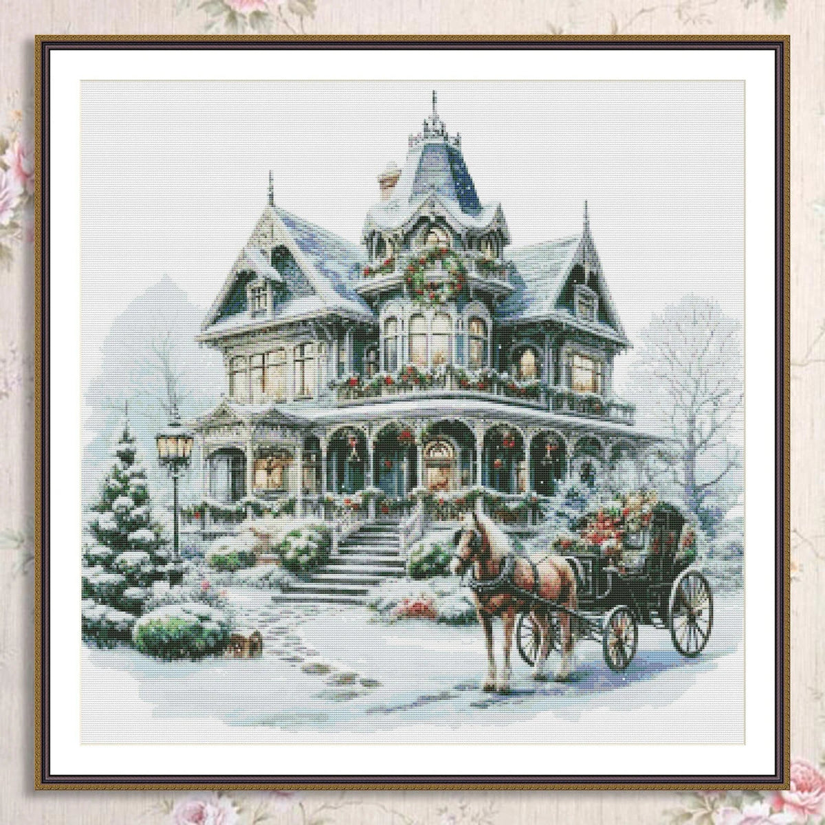 Victorian Christmas House Counted Cross Stitch Pattern Winter Landscape Holidays Hand Embroidery Needlepoint Chart Cottage PDF