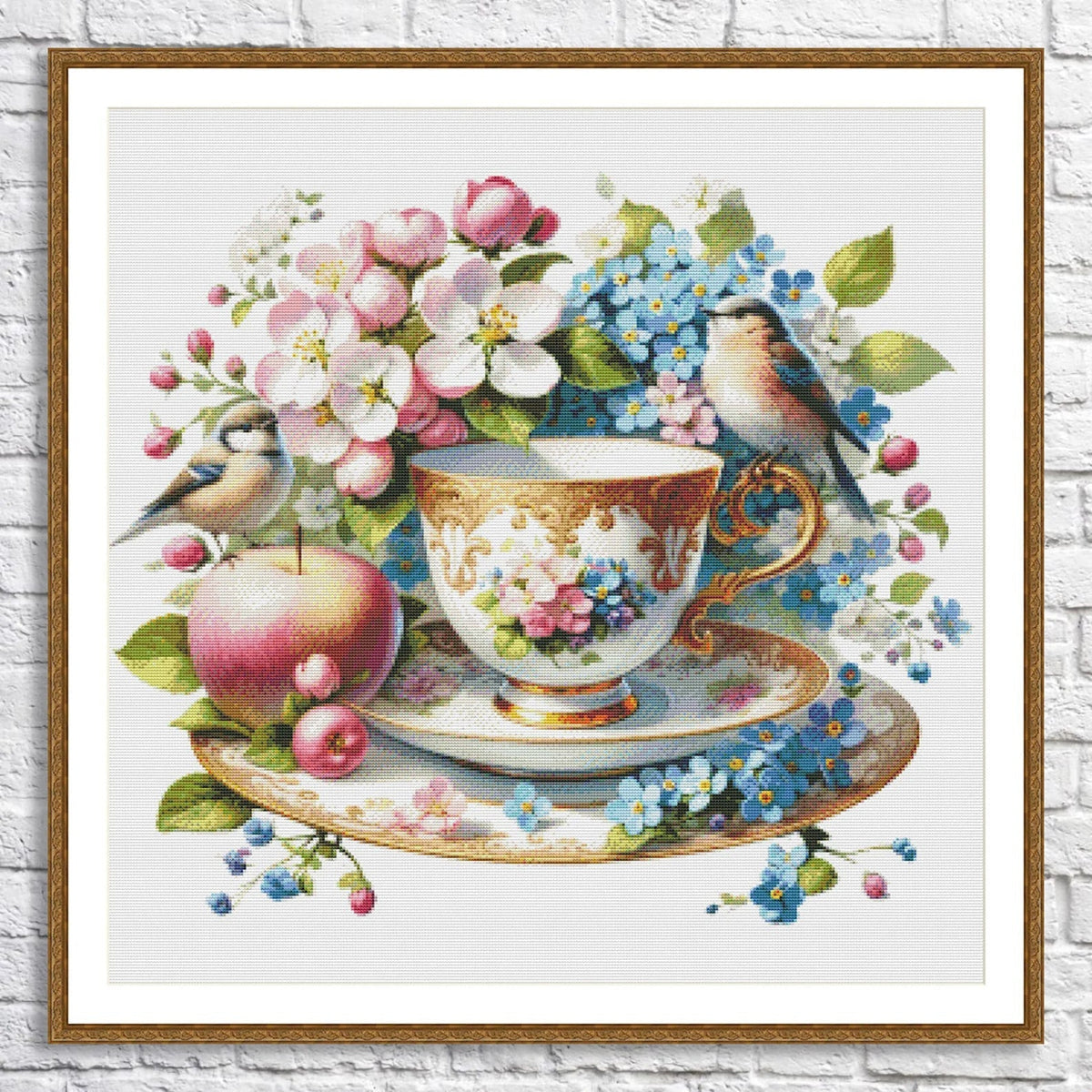 Blooming Tea Cup Cross Stitch Pattern Pattern Bird Bouquet of roses Kitchen Still Life Modern Decor Pattern Embroidery Needlepoint chart PDF