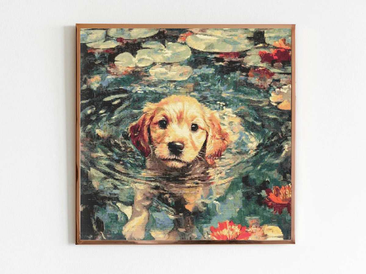 Swimming Labrador Puppy Cross Stitch Pattern Sewing Embroidery Animal Nursery Artwork Scandi Minimal Pet Gift Keeper Monet Pup A