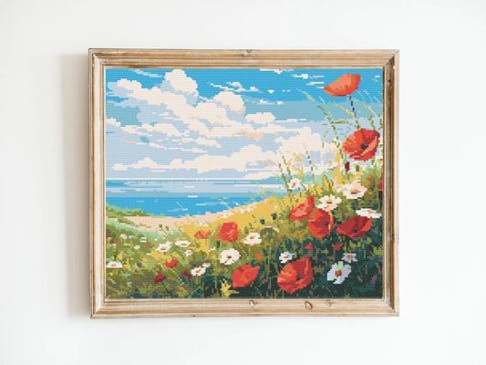 Poppies by the Sea Cross Stitch Sewing Embroidery Pattern Instant X-Stitch Landscape Cottagecore Needlework Lake District
