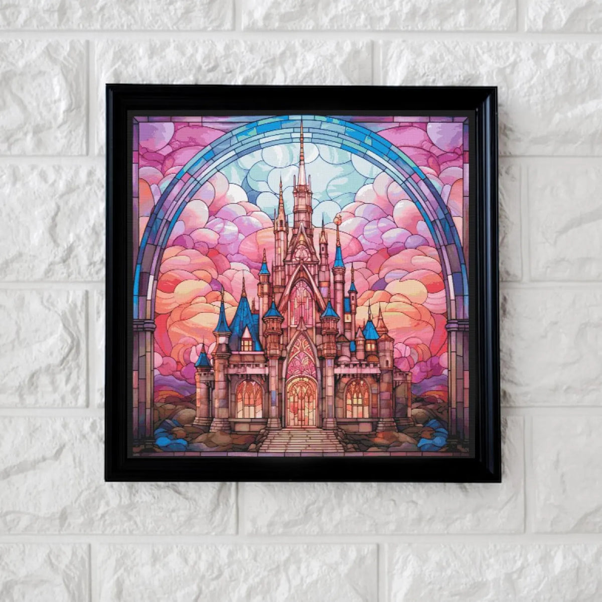 Pretty stained glass castle cross stitch pattern full coverage PDF
