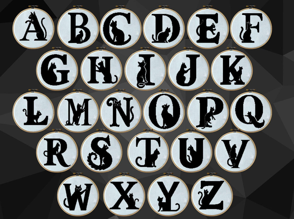Set of 26 cat letters, full alphabet cross modern cross stitch pattern, floral initial, monogram hoop art, nursery décor DIY, digital PDF