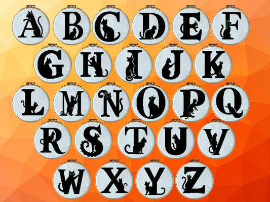 Set of 26 cat letters, full alphabet cross modern cross stitch pattern, floral initial, monogram hoop art, nursery décor DIY, digital PDF