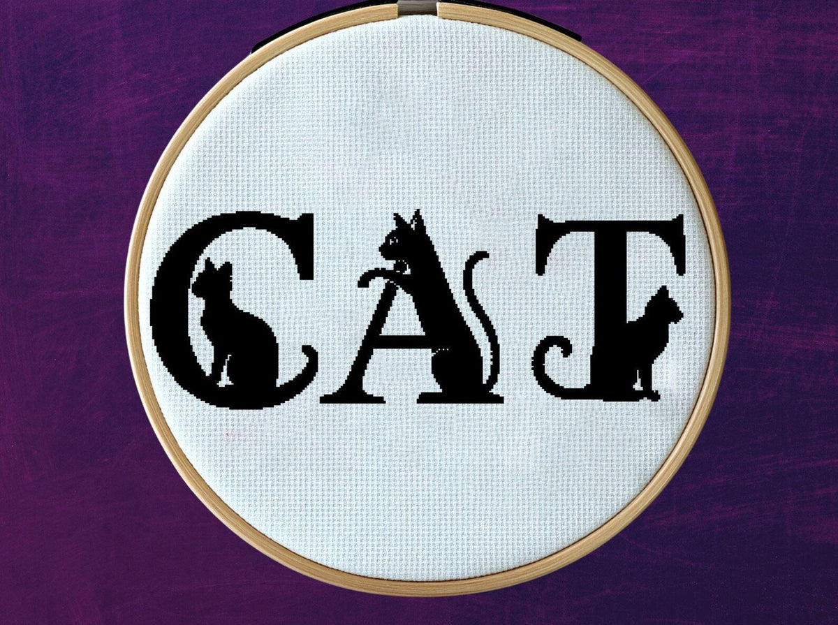 Set of 26 cat letters, full alphabet cross modern cross stitch pattern, floral initial, monogram hoop art, nursery décor DIY, digital PDF