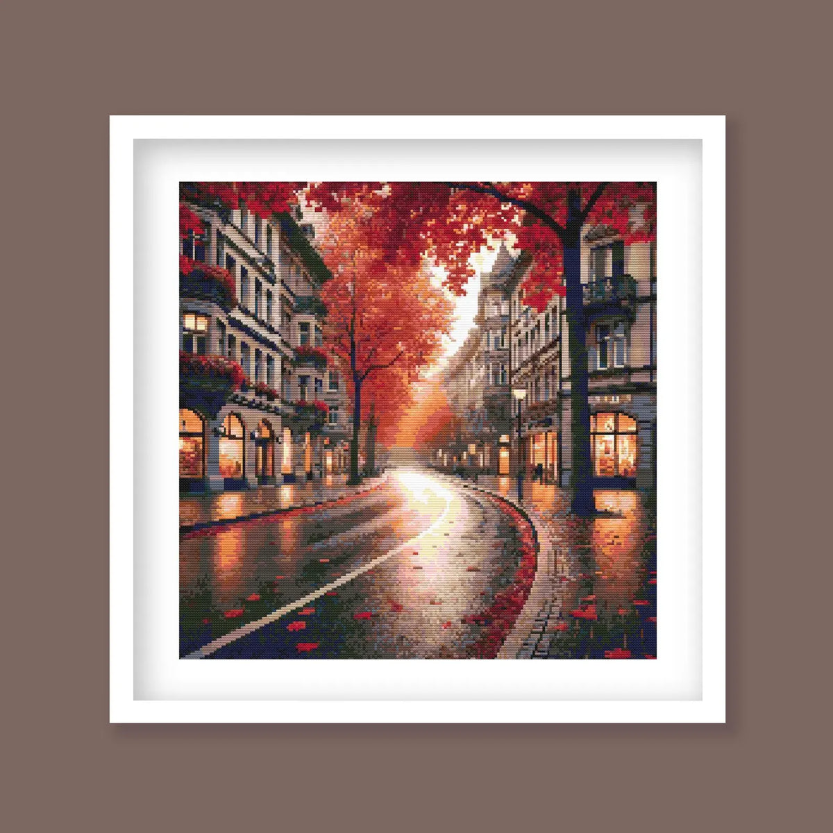 Autumn Cityscape Cross Stitch Pattern - Cozy Fall Street Scene Embroidery Design. Digital PDF Download.