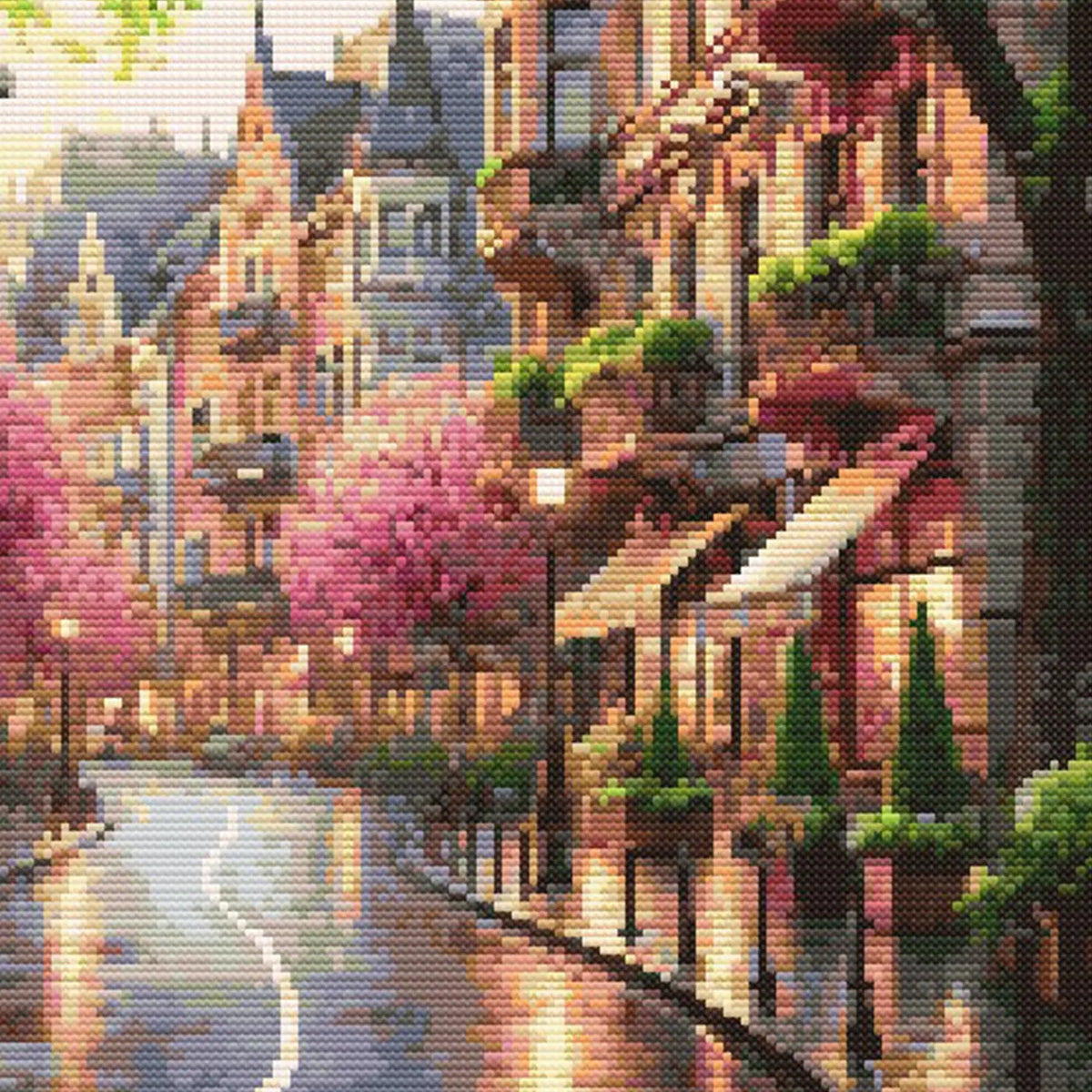 Cityscape Spring Lane Cross Stitch Pattern – Vibrant Pink Trees and Charming Street Scene Embroidery Pattern. Digital PDF Download.