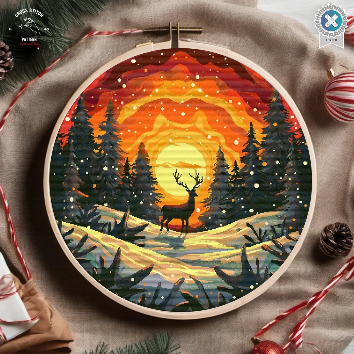 Christmas deer cross stitch pattern Winter Snowy forest embroidery Advent calendar embroidery Christmas tree ornament Sunset Embroidery pdf