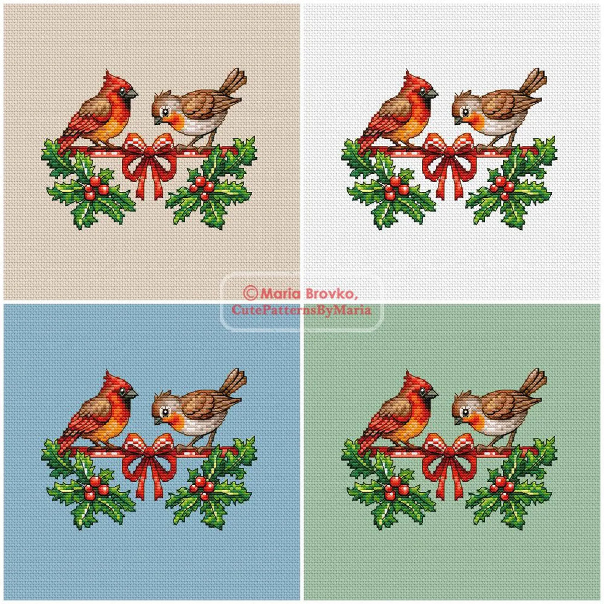 Cross Stitch Pattern Birds on a Christmas ribbon DMC Chart Printable PDF Instant Download