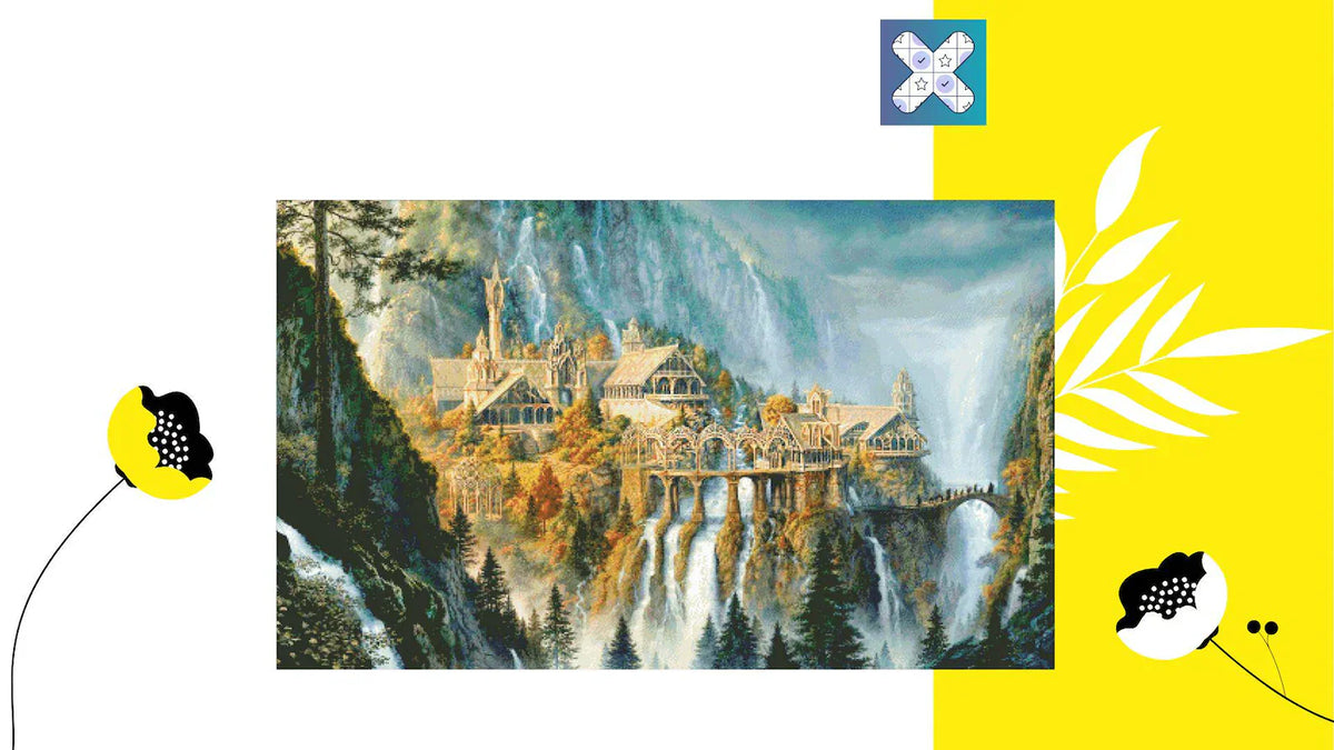PDF Cross Stitch Pattern "Rivendell Sunset" DMC 88 Solid/Blended Colors 498w X 300h Stitches, Size on 18th Count 71w X 43h cm (28w' X 17h')