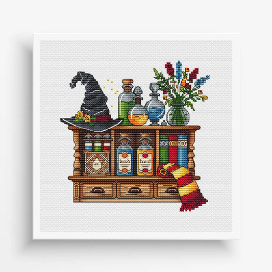 Wizards Bookshelf Cross Stitch Pattern PDF, Sorcerers Room Embroidery, Magic Counted Cross Stitch, Magician Decor Design Digital PDF