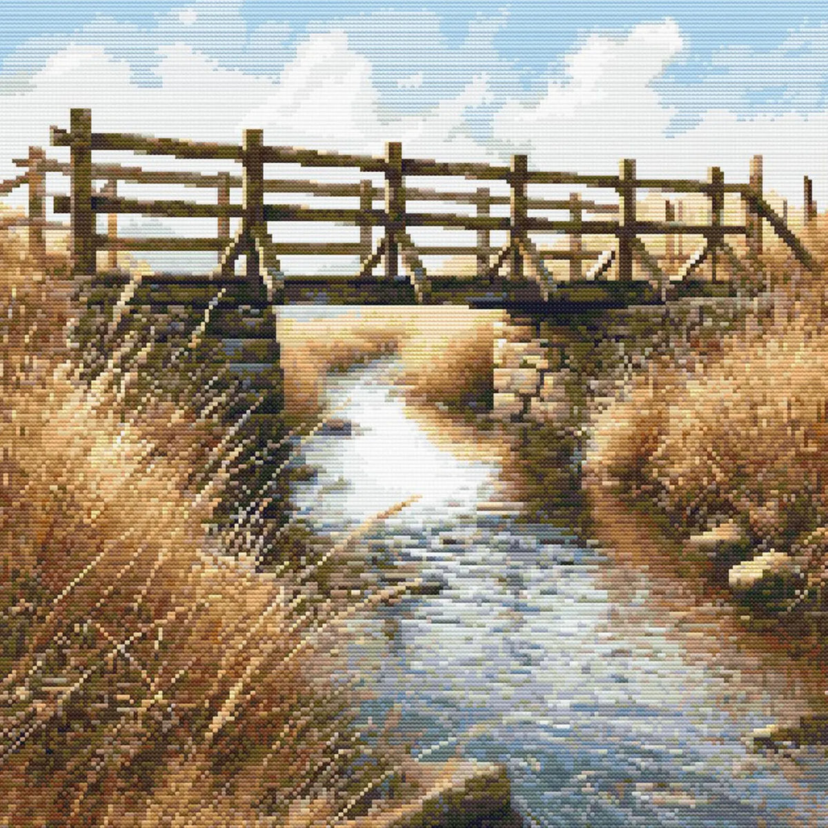 Rustic Wooden Bridge Cross Stitch Pattern - Scenic Creek and Countryside Embroidery Design. Digital PDF Download