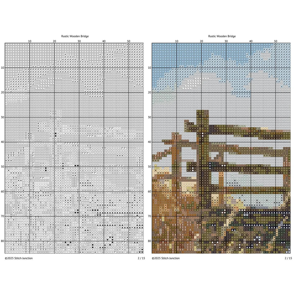 Rustic Wooden Bridge Cross Stitch Pattern - Scenic Creek and Countryside Embroidery Design. Digital PDF Download