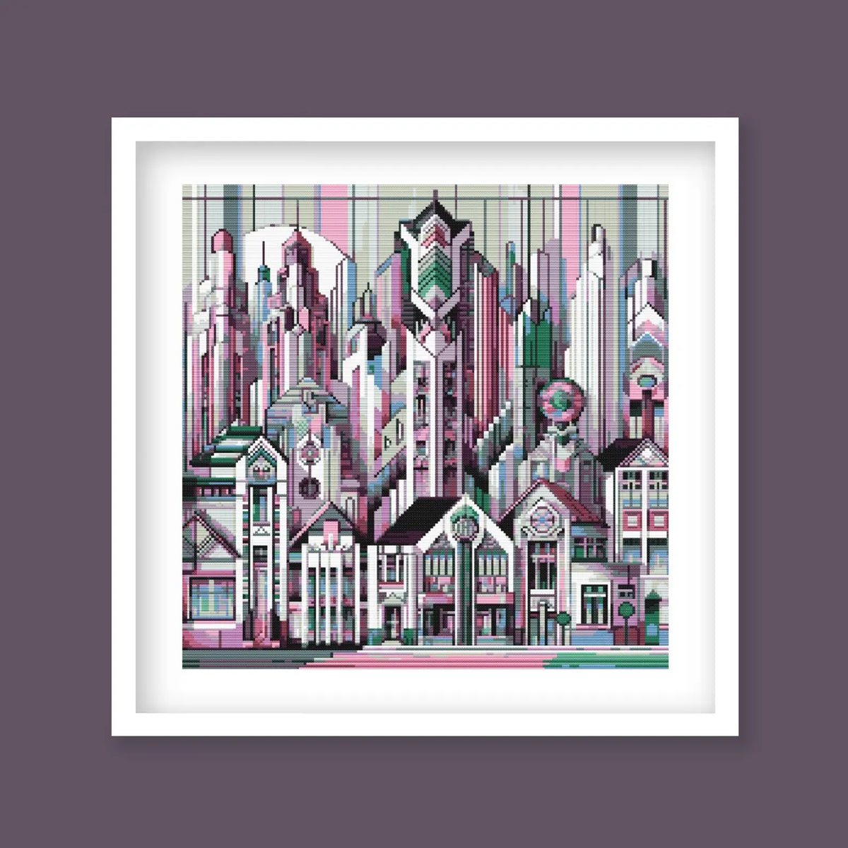 Art Deco City Cross Stitch Pattern – Modern Geometric Skyline, Urban Architecture Embroidery, Digital PDF Download.
