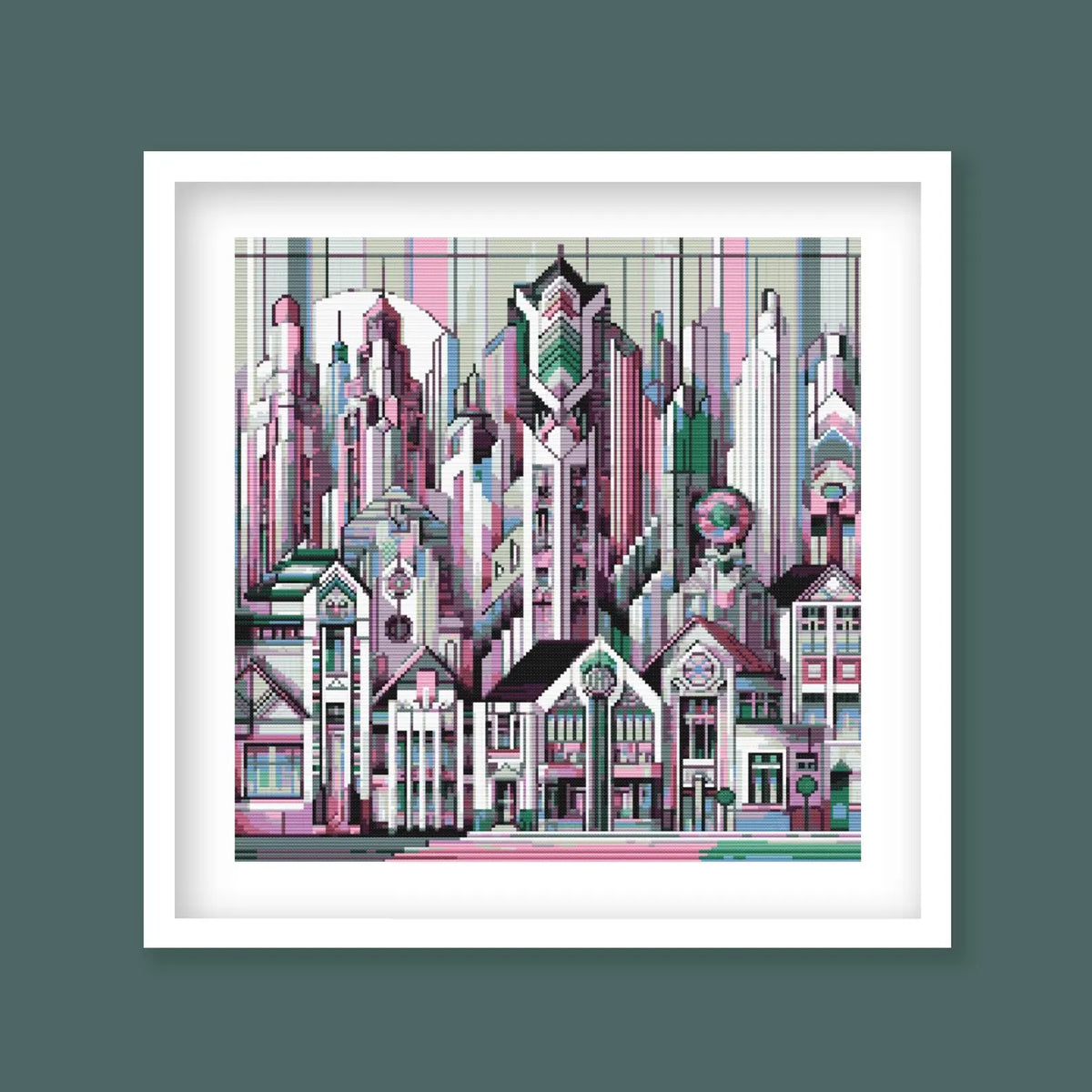 Art Deco City Cross Stitch Pattern – Modern Geometric Skyline, Urban Architecture Embroidery, Digital PDF Download.