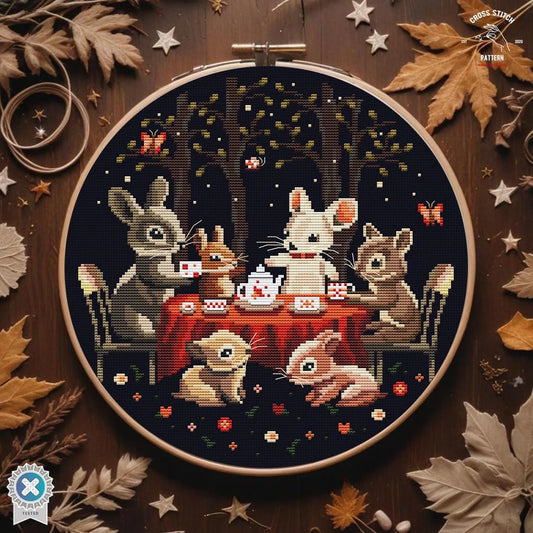 Woodland Animals Cross Stitch Pattern Tea Party Embroidery Design with Rabbit Mouse Squirrel Enchanted Forest Night Stitch Chart Storybook