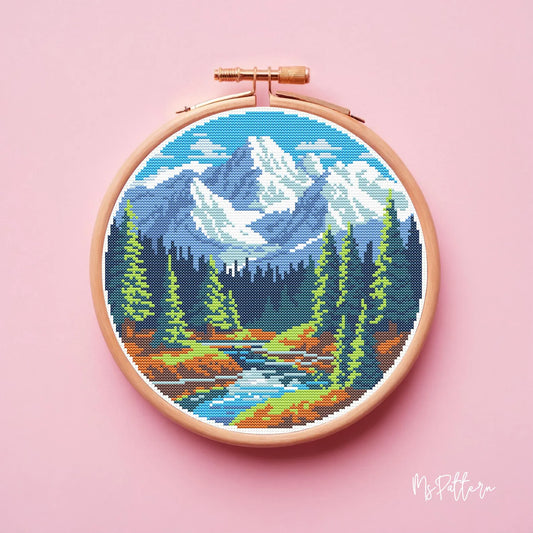 Nature cross stitch pattern with mountains, Landscape cross stitch designs, PDF file, Forest, Lake, Modern cross stitch, Mountainscape