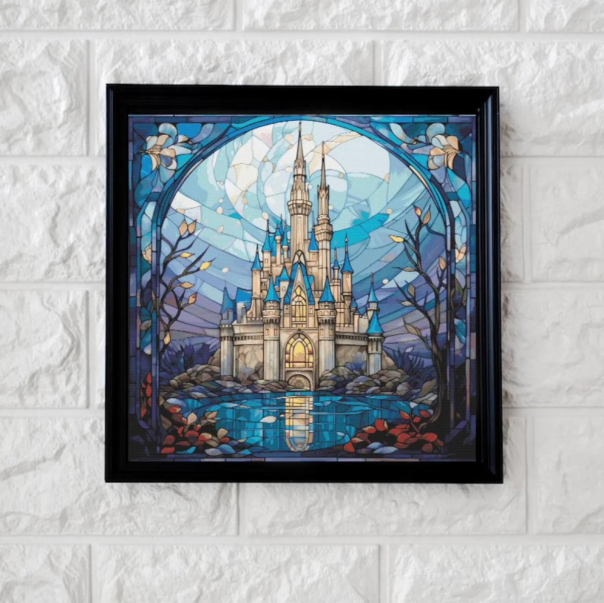 Blue castle cross stitch pattern full coverage PDF